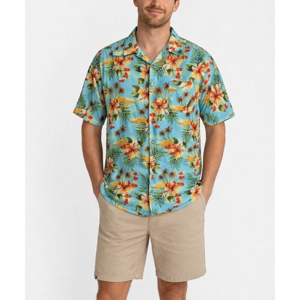 George Hawaiian Shirt Men’s XL Hibiscus Palm Print Button Up Tropical Tourist